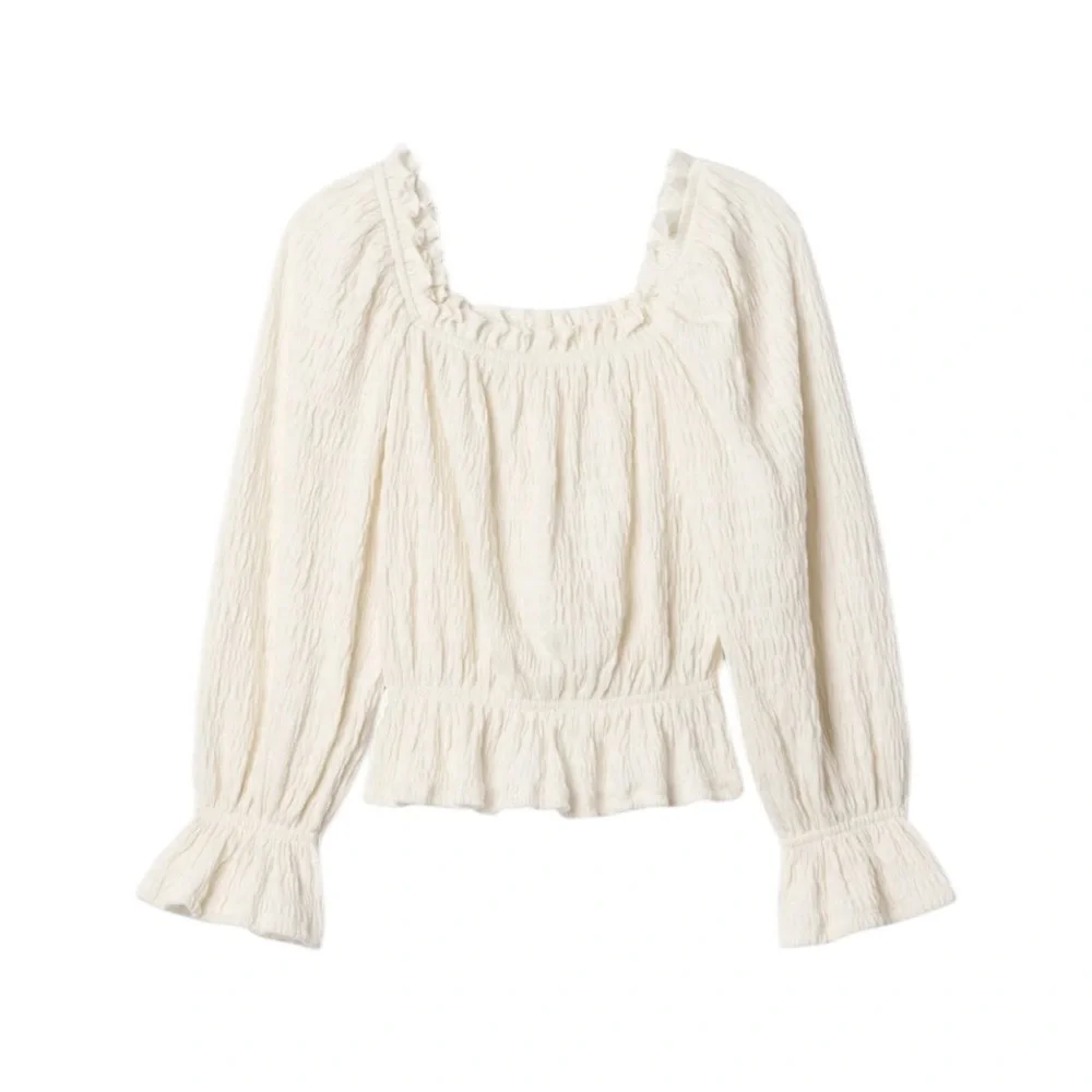 Gap Kids Crinkle Peplum Top Size 8 Ivory Long Sleeve Shirt Peasant stretch